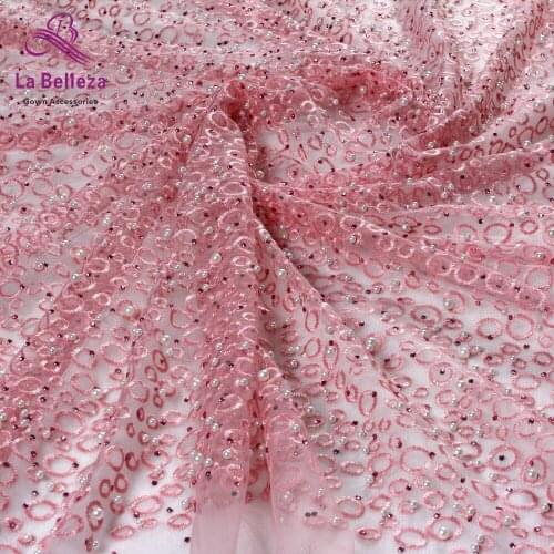 New fashion metallic stones pearls high grade on netting embroidered wedding dress/evening/show dress lace fabric by yard