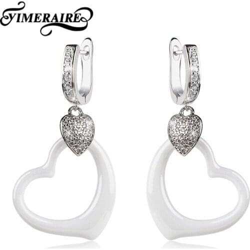 New White Heart Shaped Smooth Ceramic Earrings With Small Rhinestone For Women Girls Elegant Lady Fashion Style Wedding Jewelry
