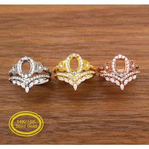 Oval Prong Ring Settings Stackable Bridal Sets Solid 14K/18K Rose White Gold with Moissanite Accents DIY Bezel Tray 1224064
