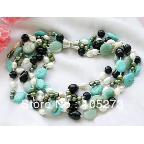 Stunning Natural Gem Stone Jewelry 5Rows 20'' Turquoises Jadev Real Freshwater Pearl Necklae 4-20mm Top Quality