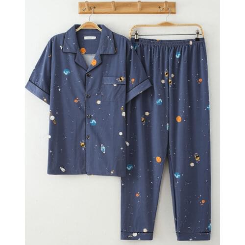 Mens Pajama Set Summer Autumn Comfortable Men Sleepwear Short Sleeve Cotton Pajamas Men Elastic Waist Pant Leisure Homewear