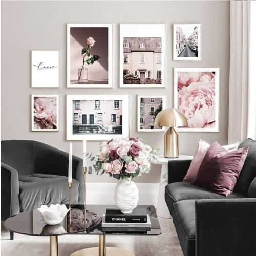 Flowers Building Poster Nordic Photography Print Landscape Canvas Painting Trendy Artwork Picture Modern Home Decoration