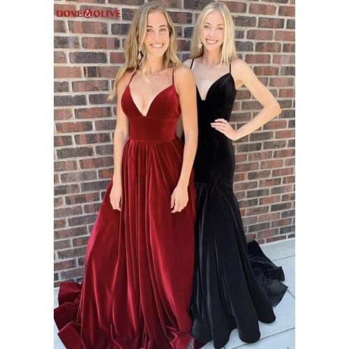 Simple V neck Velvet Long Prom Dress Elegant Evening Gown Spaghetti Strap Wine Red A Line Formal Party Women Dress customize