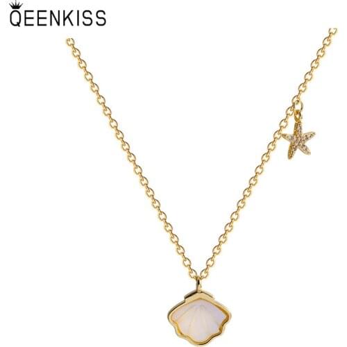 QEENKISS NC715 Fine Jewelry Wholesale Fashion Woman Birthday Wedding Gift Starfish Shell AAA Zircon 18KT Gold Pendant Necklace