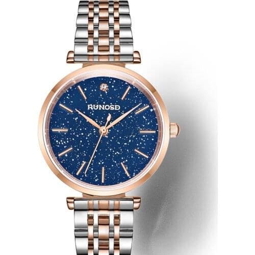 RUNOSD 2020 Rose gold ladies watch romantic starry sky dial slim quartz movement sapphire zircon stainless steel