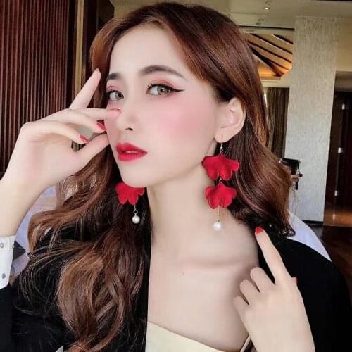 S925 Sterling Silver 925 Original Tassel Women Pearl Dangle Earrings Lobe Crook Stud Ear Hook Lucky Red Petal Smooth Eardrop