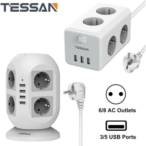 TESSAN All in 1 EU Power Strip Socket with Power Switch 3/5 USB Ports 6/8 AC Outlets 2M Extension Cord Power Adapter for Home