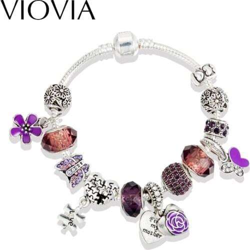 VIOVIA 2019 New Crystal Beads Bracelets Purple Heart Bangles Silver Plated Charm Bracelets For Women Friendship Pulseras B16203