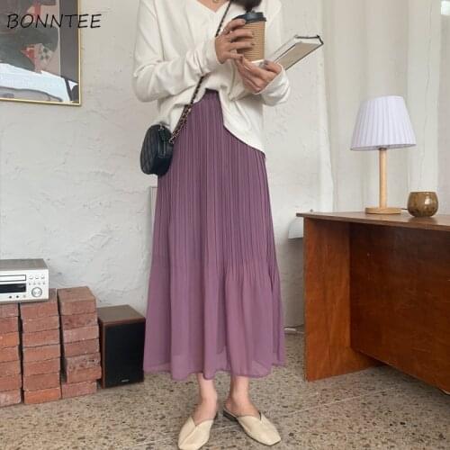 Skirts Women Summer Hot Solid Folds Leisure Elastic High Waist Long Harajuku Fashion Sweet Streetwear Lady Clothing Female Retro
