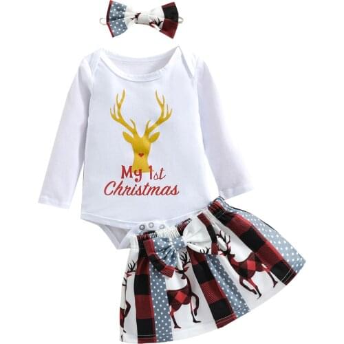Lovely Infant Baby Girls Elk Printed Romper Set, Long Sleeve Romper Bowknot Mini Skirt Cartoon Bowknot Hairband