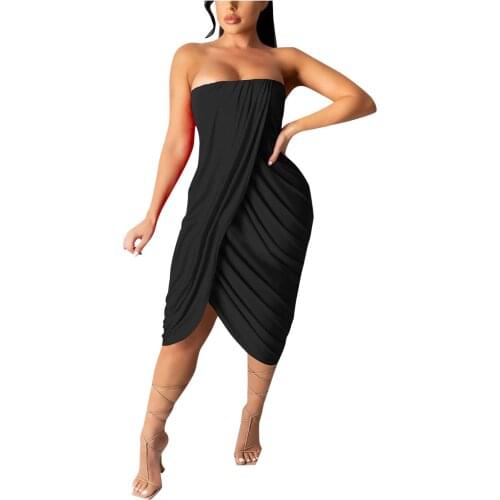 Long Maxi Dress Womens Summer One-word Wrapped Chest Sexy Wave Pleated Midi Dress Sleeveless Clubwear Slim Bodycon Vestidos