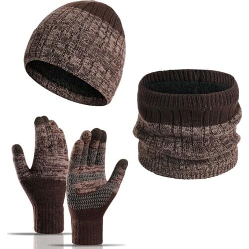Unisex Winter 3Pcs Knitted Beanie Hat Scarf Non-Slip Touch Screen Gloves Set Thermal Plush Lined Skull Cap Neck Warmer