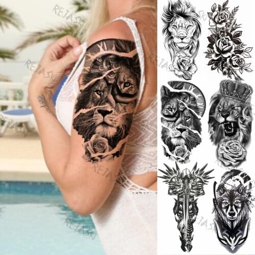 Big Lion Rose Temporary Tattoos For Women Men Rose Wolf Samurai Sword Realistic Fake Tattoo Sticker Arm Cool Half Sleeve Tatoos