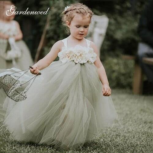 Floral Green Flower Girl Dresses A Line Long Tulle First Communion Dresses Sleeveless Floor Length Baby Girl Party Dresses