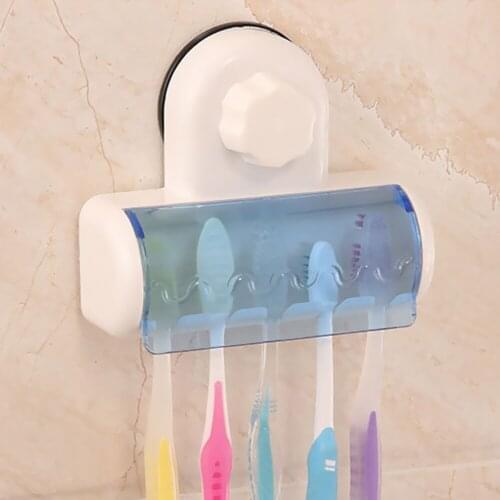 5 Hooks Suction Cup Toothbrush Holders Bathroom Wall Mount Toothbrush Storage Rack Stand Dust-proof Organizer Shelves