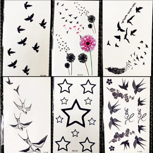 DIY Black Flying Birds Temporary Tattoo Colorful Dandelion Stickers Girls Face Party Tattoo Boys Hands Stars Fake Tatoos Makeup