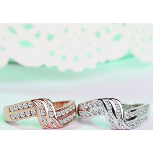Wholesale Double Layer Curved Crystal Geometric Rings for Women Rose Gold Color Two-tone Party Wedding Jewelry Size 6-10
