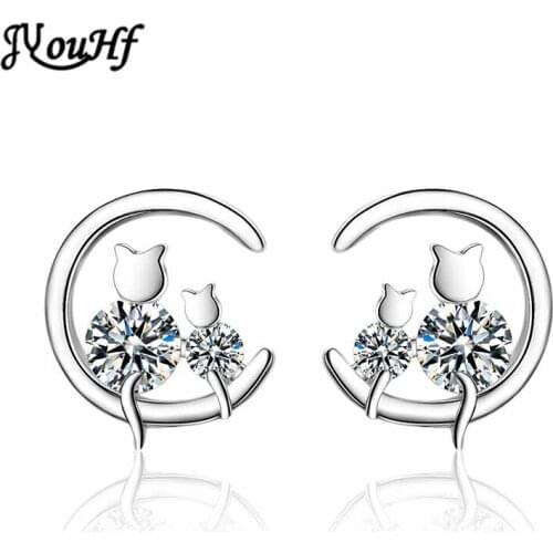 JYouHF Fashion Cute Cat Animal Earrings for Girls Kids Korean Style Shining Double Cubic Zircon Moon Stud Earrings Jewelry Gift