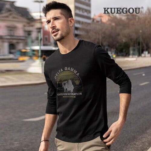 KUEGOU 2021 Spring 100% Cotton Embroidery Print Black T Shirt Men Tshirt Long Sleeve T-shirt For Male Plus Size Tee Shirt 88017