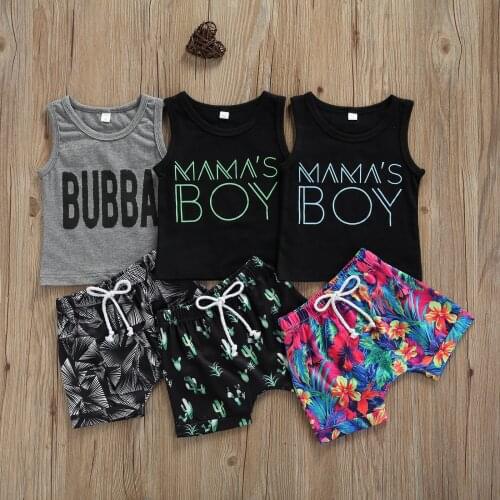 Summer Cotton Casual Little Boy’s Clothing Set Fashion Letter Sleeveless Vest Tops and Printing Short Pants Toddler Costume