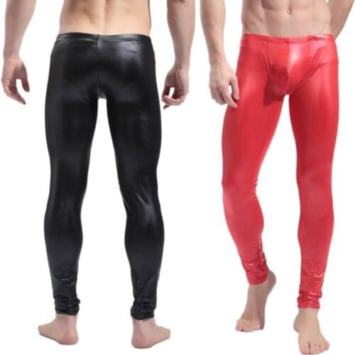 Fashion Mens Black/Red Faux Patent Leather Skinny Pants PU Latex Stretch Leggings Male Gay Sexy Clubwear Bodywear Trousers