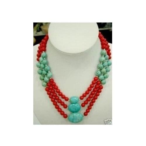 Charming 3 row red coral &turquoises necklace Fashion Free shipping