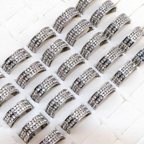 Wholesale 36pcs/lot Rhinestones Stainless Steel Rings Fashion Women Wedding Party Ring Polished Inside #RSR081002