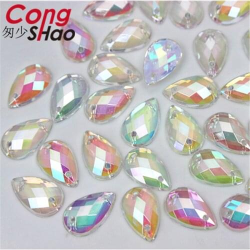 Cong Shao 300pcs 8*13mm AB Clear Drop Shaped Acrylic Rhinestone trim Flatback sewing 2 Hole DIY Wedding Dress Button CS85A