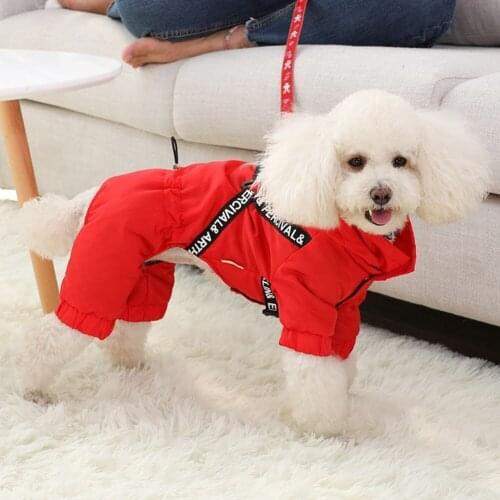 Cotton Padded Dog Hoodies Clothes Casual Winter Warm Pet Jacket Coat Puppy Hooded Clothing Outfits with Traction Loop Red