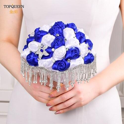 TOPQUEEN SF4-RBLplus 100% Handmade Bridal Bouquet with Ribbon High Quality Diamond Chain Tassel Wedding Decorations for Bride