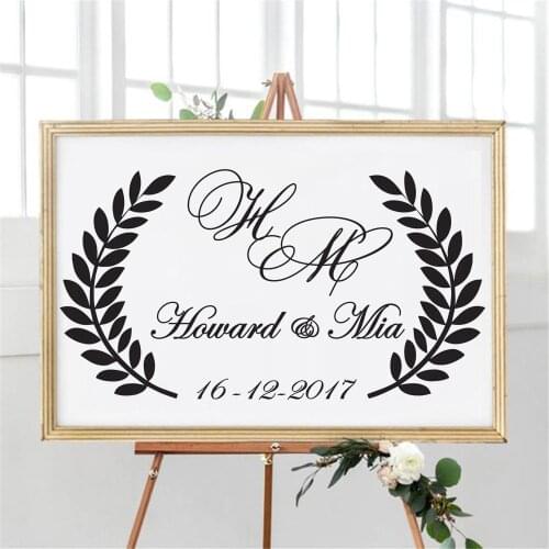Calcomanía de vinilo con señal de boda, pegatina de pared personalizada con nombres de novio y novia, decoración de baileWL1047