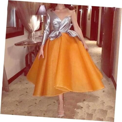 Fashion Puffy Orange Color Ankle Length Pleated Women Skirts To Formal Party Zipper Custom Made Female Adult Saias