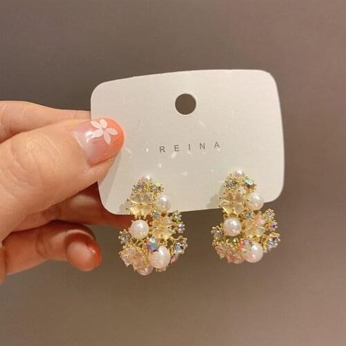 2021 Japan Korean New Rhinestone Colorful Shell Flower Pearl Drop Earrings For Women Fashion Jewelry Party Gift Pendientes