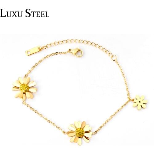 LUXUSTEEL Flower Shape Bracelet Collier Female New Fashion Stainless Steel Gold Rose Silver Color Chains Bracelets Bangles Party