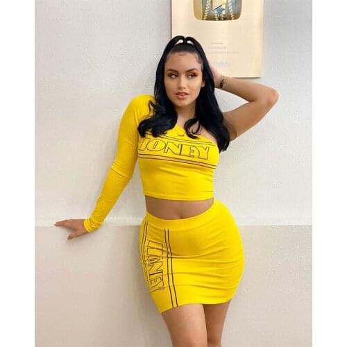 Summer New Womens Suit Fashion Sexy Solid Color Printing One Shoulder Long Sleeved T-shirt Short Skirt Dress Sets