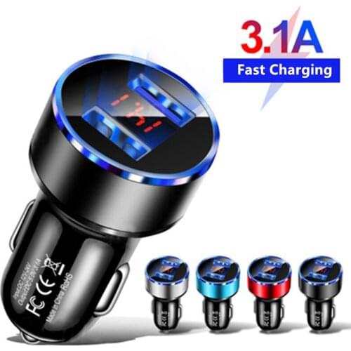 3.1A LED Display QC3.0 Car Fast Charge Car Mobile Phone Charger Aluminum Alloy Digital Car Styling charging Dual USB Adapter