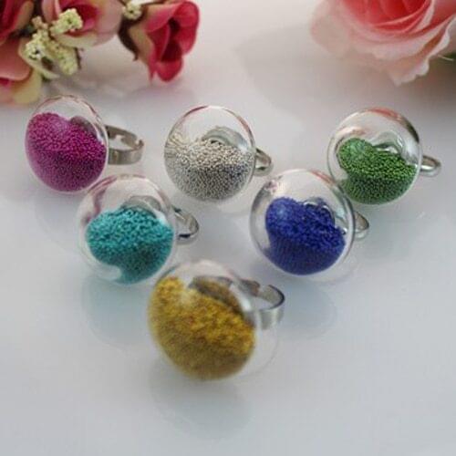 3PCS 24X24MM Mushroom-shaped Bubble Liquid Rings with beads stuffing inside(Mixed Colors),glass bubble ball rings