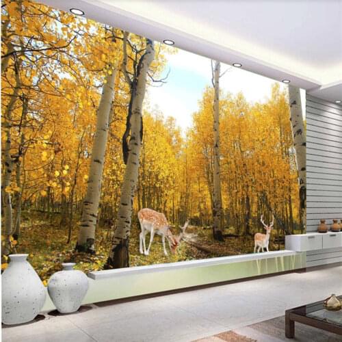 3D Photo Wallpaper Natural Birch Forest Golden Autumn Leaves Sika Deers Space Wall Mural Living Room TV Background Wall Paper 3D