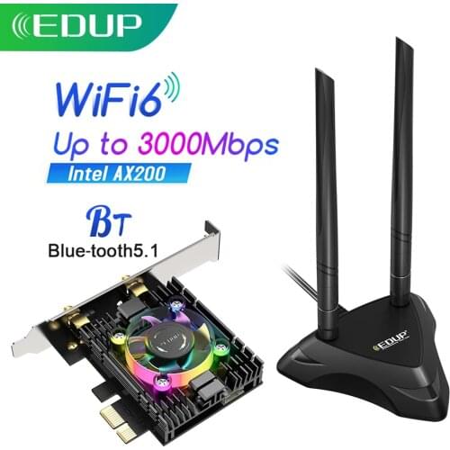 EDUP 3000Mbps WiFi 6 Card Adapter Blue-tooth 5.1 Dual Band 2.4G/5G With Heatsink & RGB Fan And Antenna Base Intel AX200 Chipset