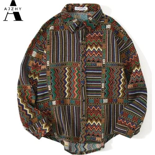 AJZHY Hip Hop Shirt Men Geometric Long Sleeve Shirt Harajuku National Style Shirt Streetwear Snap Button Cotton Shirt Men 2020