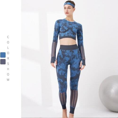 Seamless Camouflage Yoga Set Sport Outfits Women Workout Two 2 Piece Long Sleeve Crop top Leggings Gym Suit Outfits Fitness Set