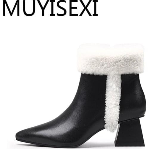 Side zipper mixed colors 5cm thick med heels genuine leather pointed toe pretty girls catwalk chelsea ankle boots HL288 MUYISEXI