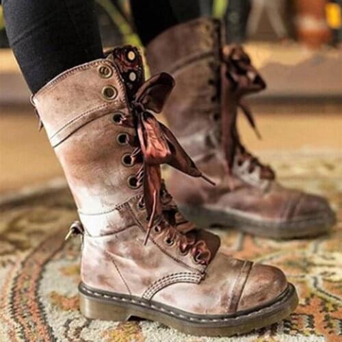 2021 New Mid-Calf Boots Autumn Winter Non-slip Flat Shoes Vintage Sexy Steampunk Leather Retro Buckle Ladies Snow Boots