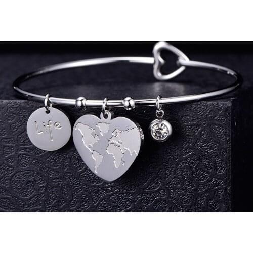 Fashion Adjustable New Heart Stainless Steel Charm Bangle & Bracelet Silvery Alphabetic Map Women Fashion Jewelry Girl Gifts