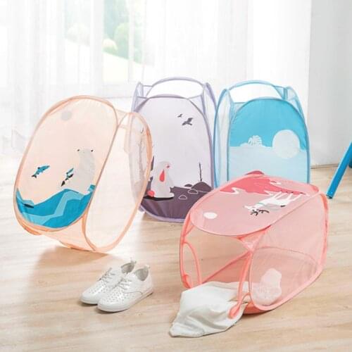 Household Laundry Basket Foldable Cartoon Large Capacity Dirty Clothes Hamper Laundry Basket Cloth Mesh Storage Bin With Lanyard