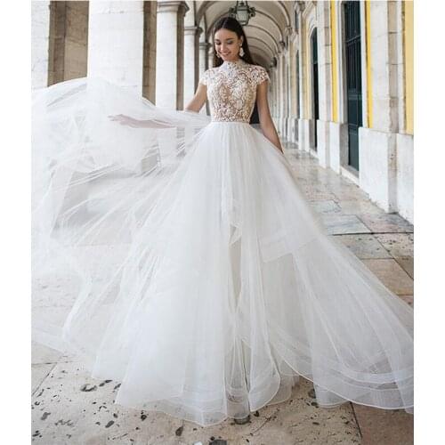 High Neck Short Sleeves Lace Top A-Line Wedding Dresses Ruffle Bridal Gowns Custom Tulle Ruffles Long Vestidos De Marriage 2020