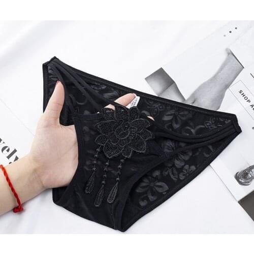 Flower Embroidery Lace Panties Womens Underwear Hollow Out Sexy Thongs Sexy Low Waist Briefs Female Lingerie Cotton Underpants