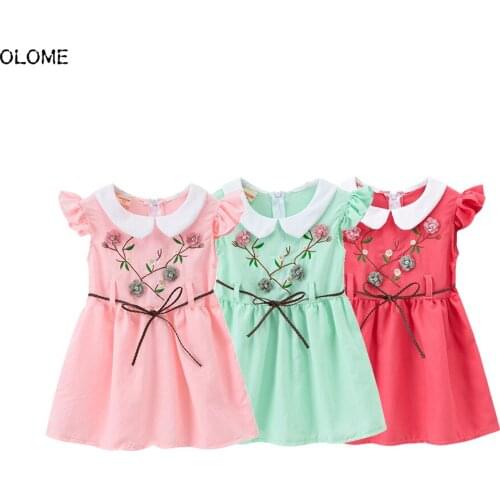 OLOME Summer Sailor Collar PuffSleeve Girl Dress Artificial Flower Embroider Pattern Kid Girls Dresses Beach Little Girl Skirt