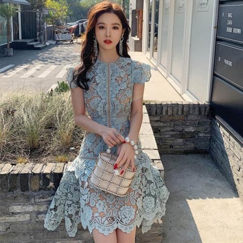 2020 New Summer Womans Dress Blue Green Lace High Waist Casual Fashionable Irregular Mini Dress Woman Runway Design Bodycon