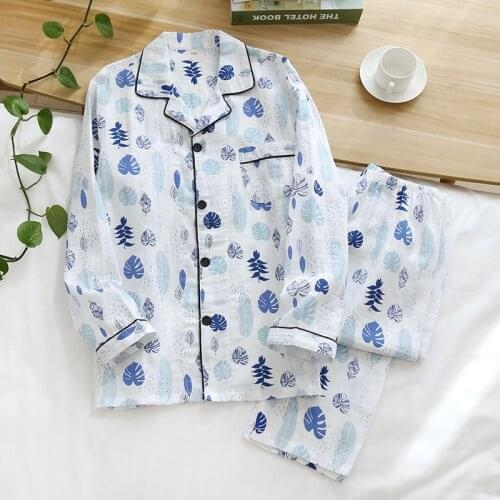 New Gauze Couple Leaf Pajamas Double-layer Cotton Yarn Pajama Set Simple Long-sleeved Trousers Sleepwear Two-piece Home Clothing